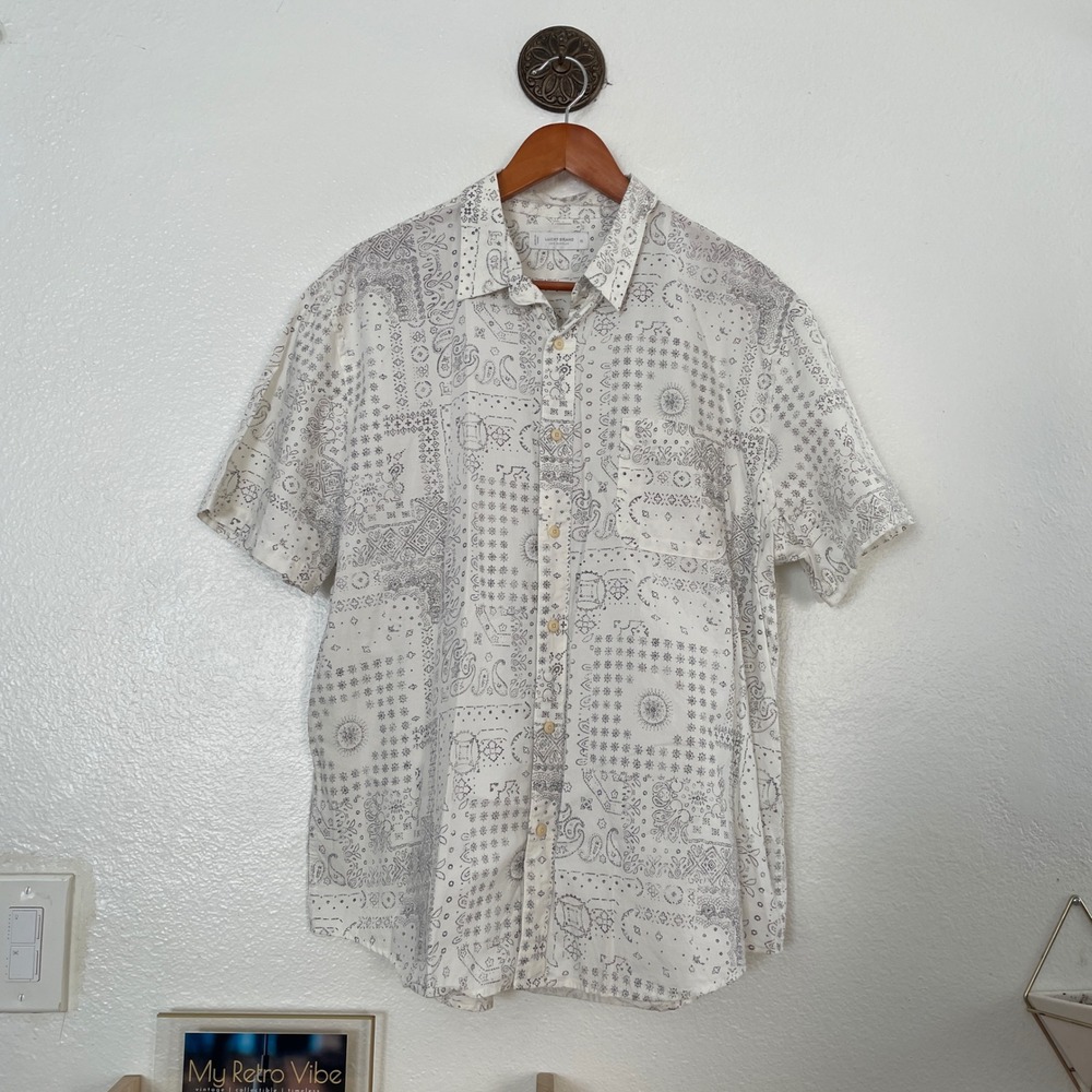 Lucky Brand Mens XL White Black Bandana Patchwork Short Sleeve Button Down Shirt